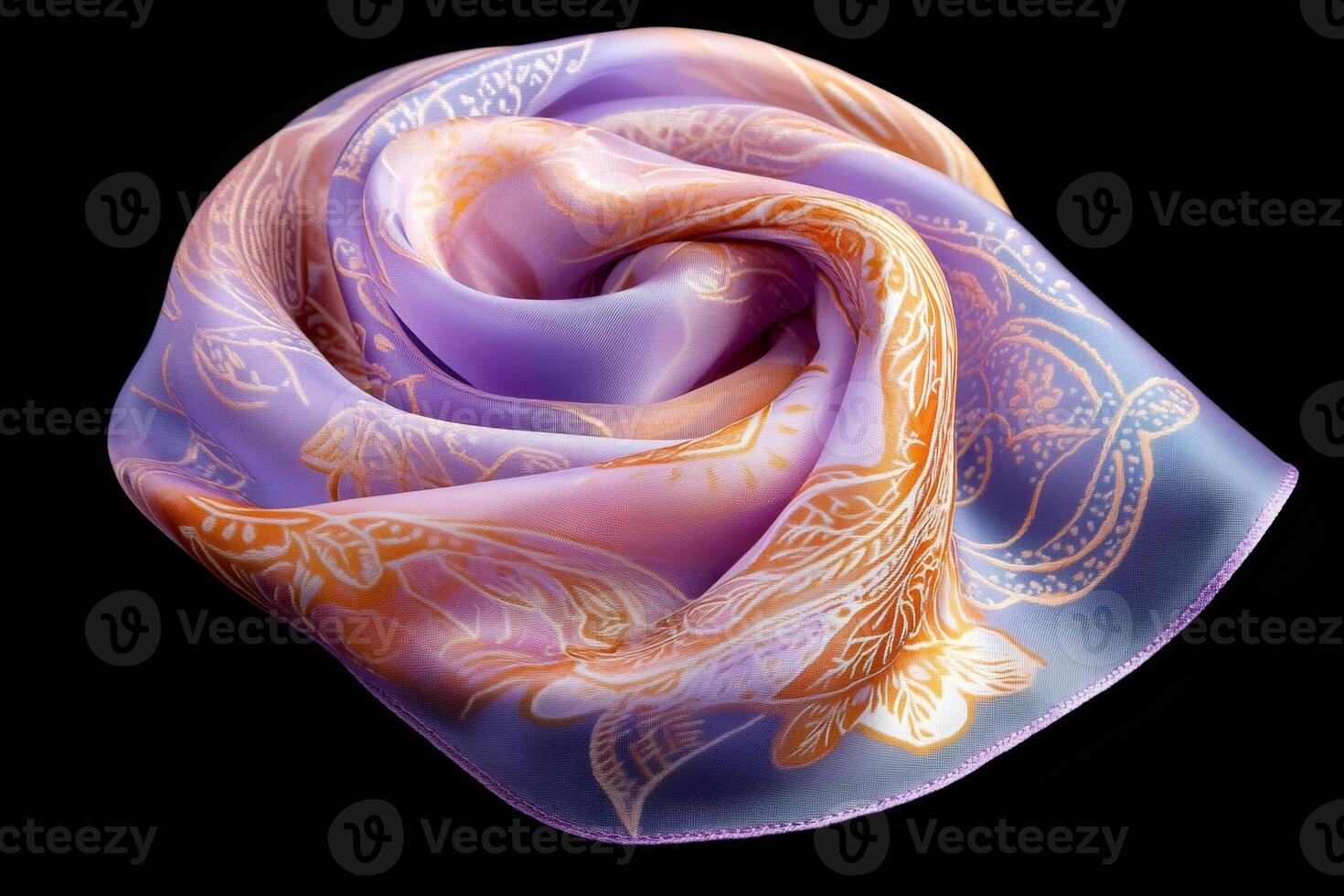 Luxurious silk scarf with floral pattern flowing on black background photo
