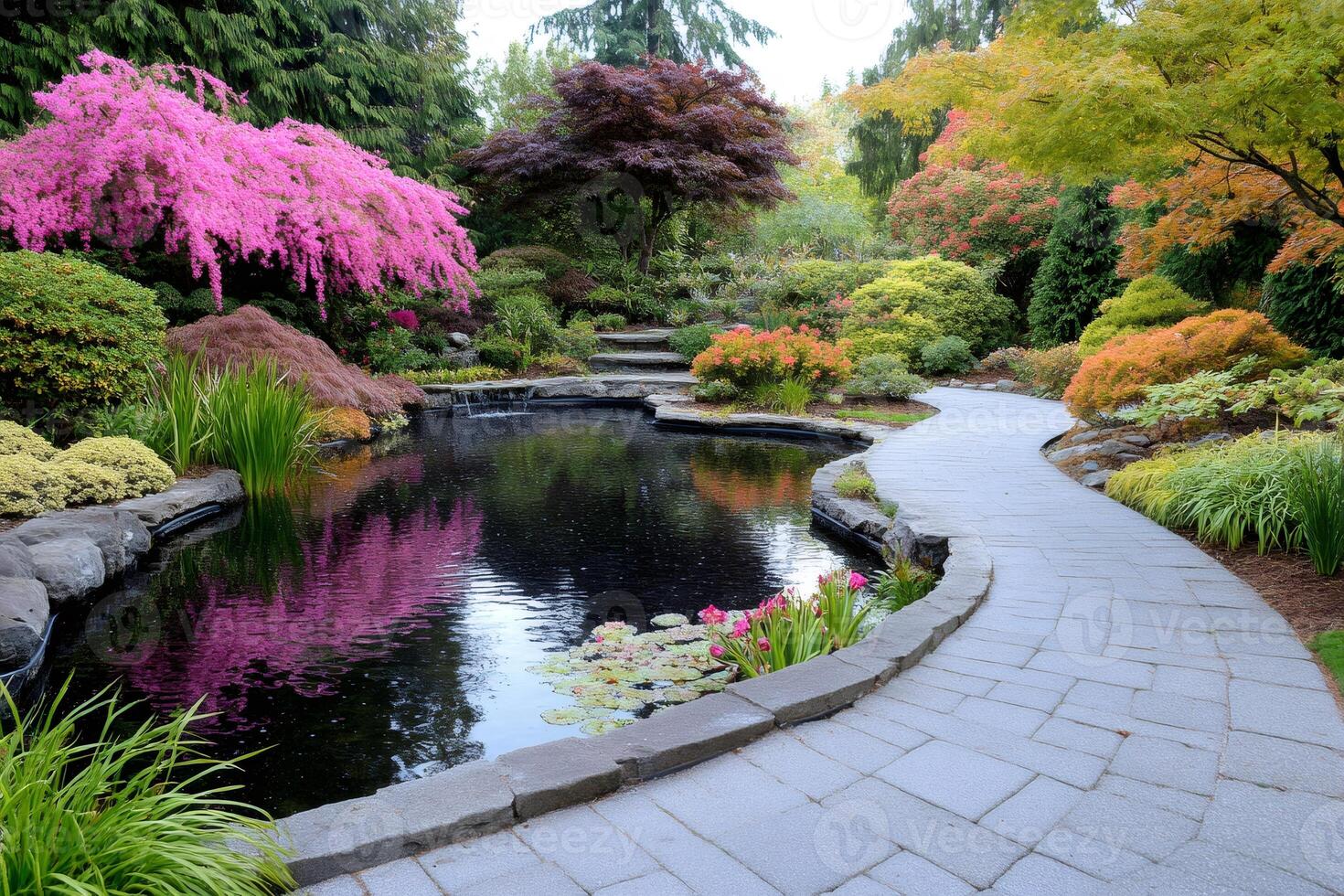 Curved paved path winding around pond in lush colorful garden photo
