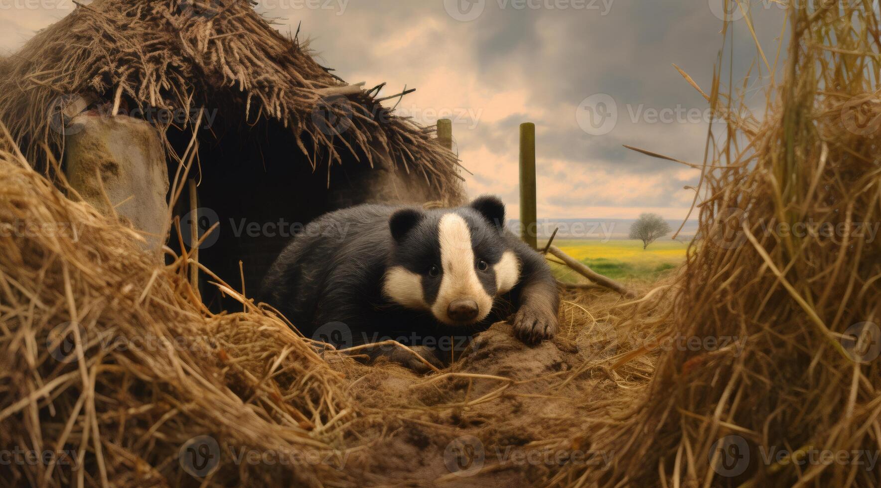 European badger resting in its burrow near a field of yellow flowers photo