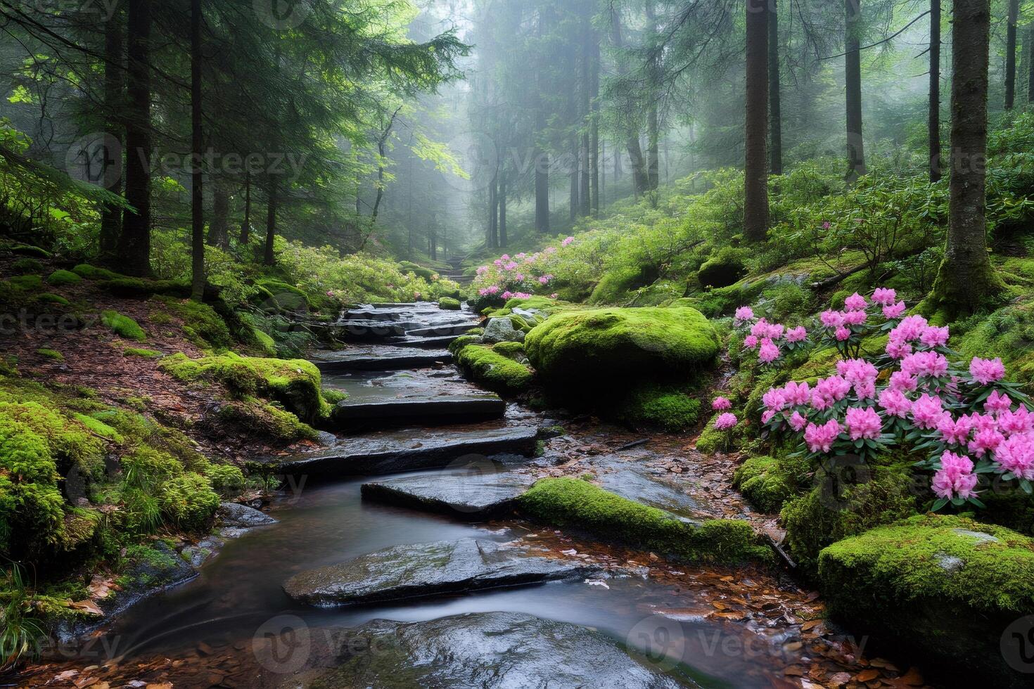 Foggy forest with blooming rhododendrons and stepping stones over a stream photo