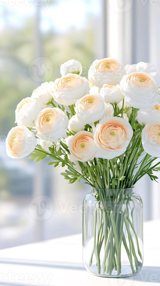 Delicate ranunculus flowers in a glass vase creating a fresh and bright atmosphere photo
