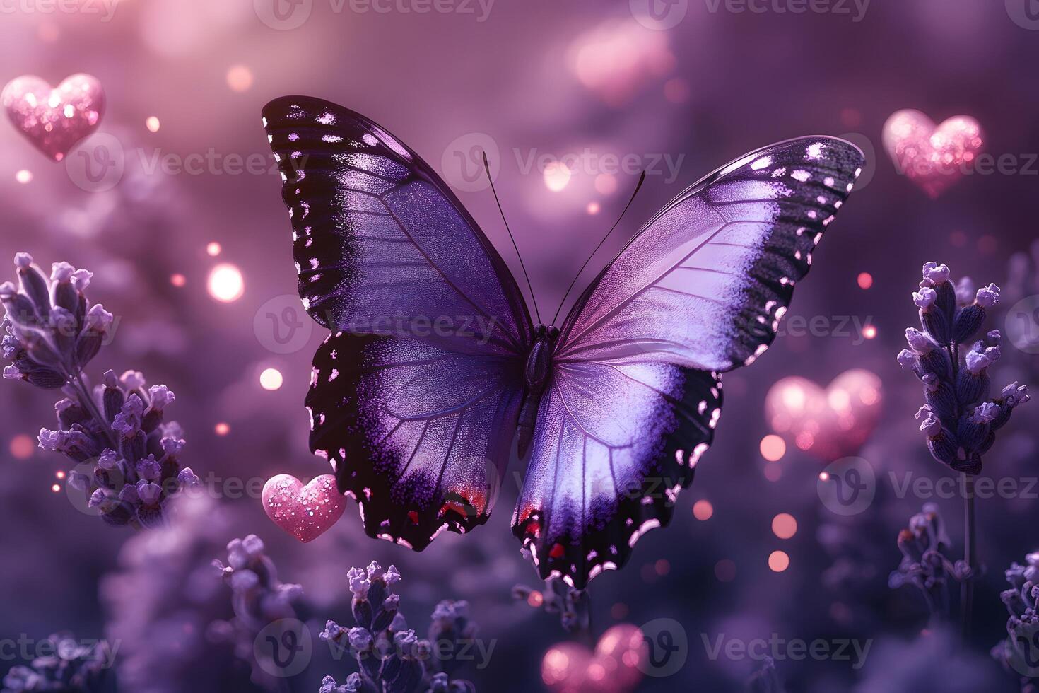 Enchanting Purple Butterfly Amid Lavender Blossoms and Glowing Hearts photo