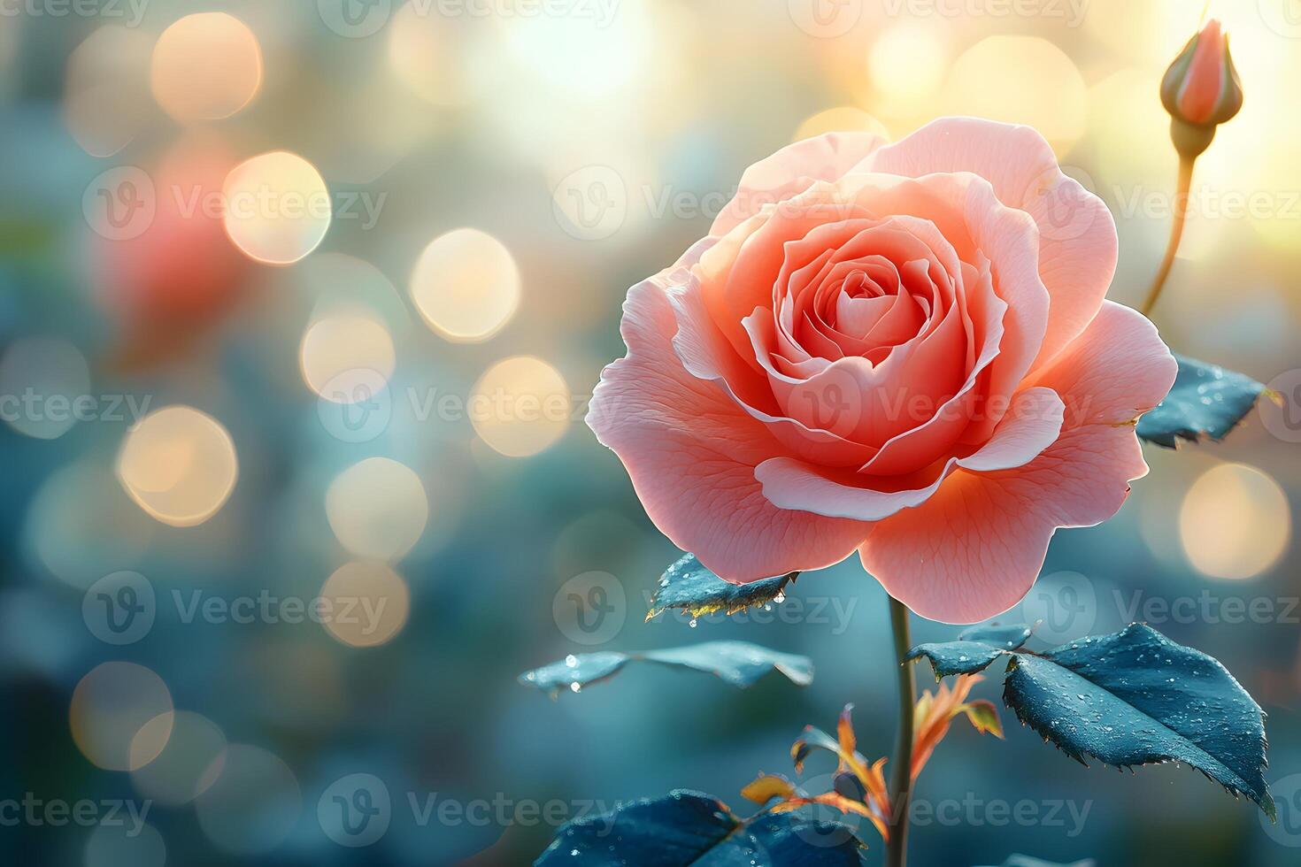 Elegant Pink Rose in Morning Light with Dewdrops and Soft Bokeh Background for Nature Photography photo