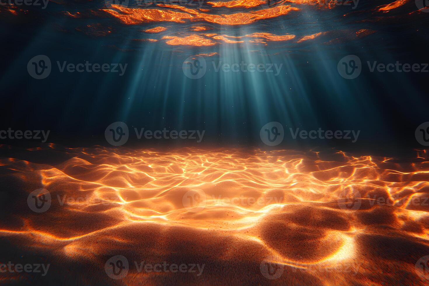 Sunlit Ocean Floor with Radiant Patterns and Tranquil Water Rays photo