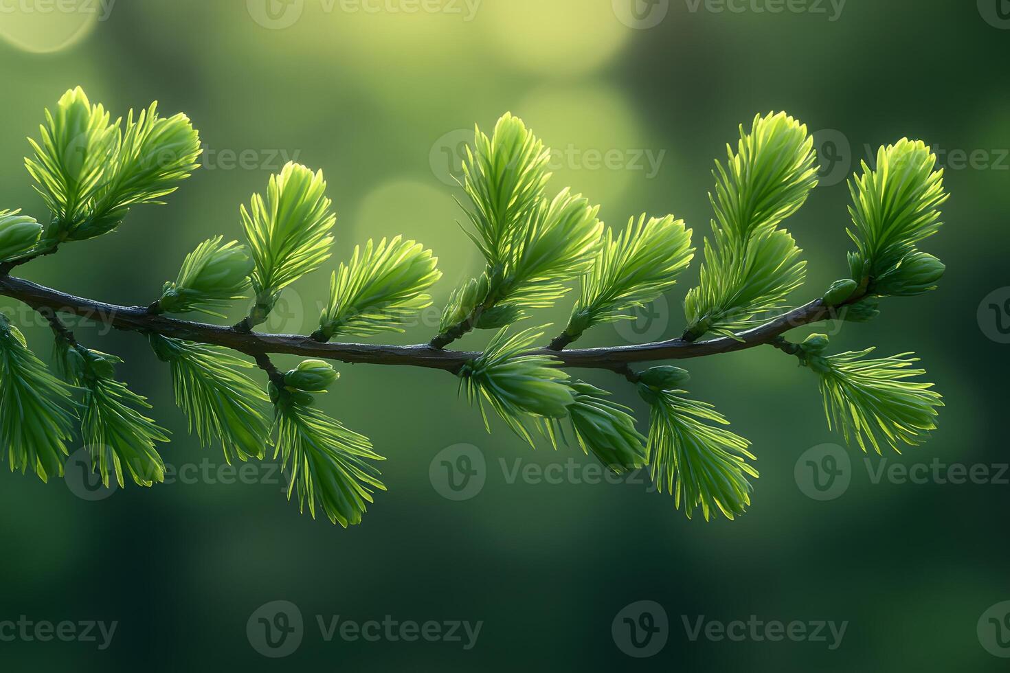 Fresh Spring Pine Needles in Sunlight - Nature's Renewal for Green Design and Decor photo