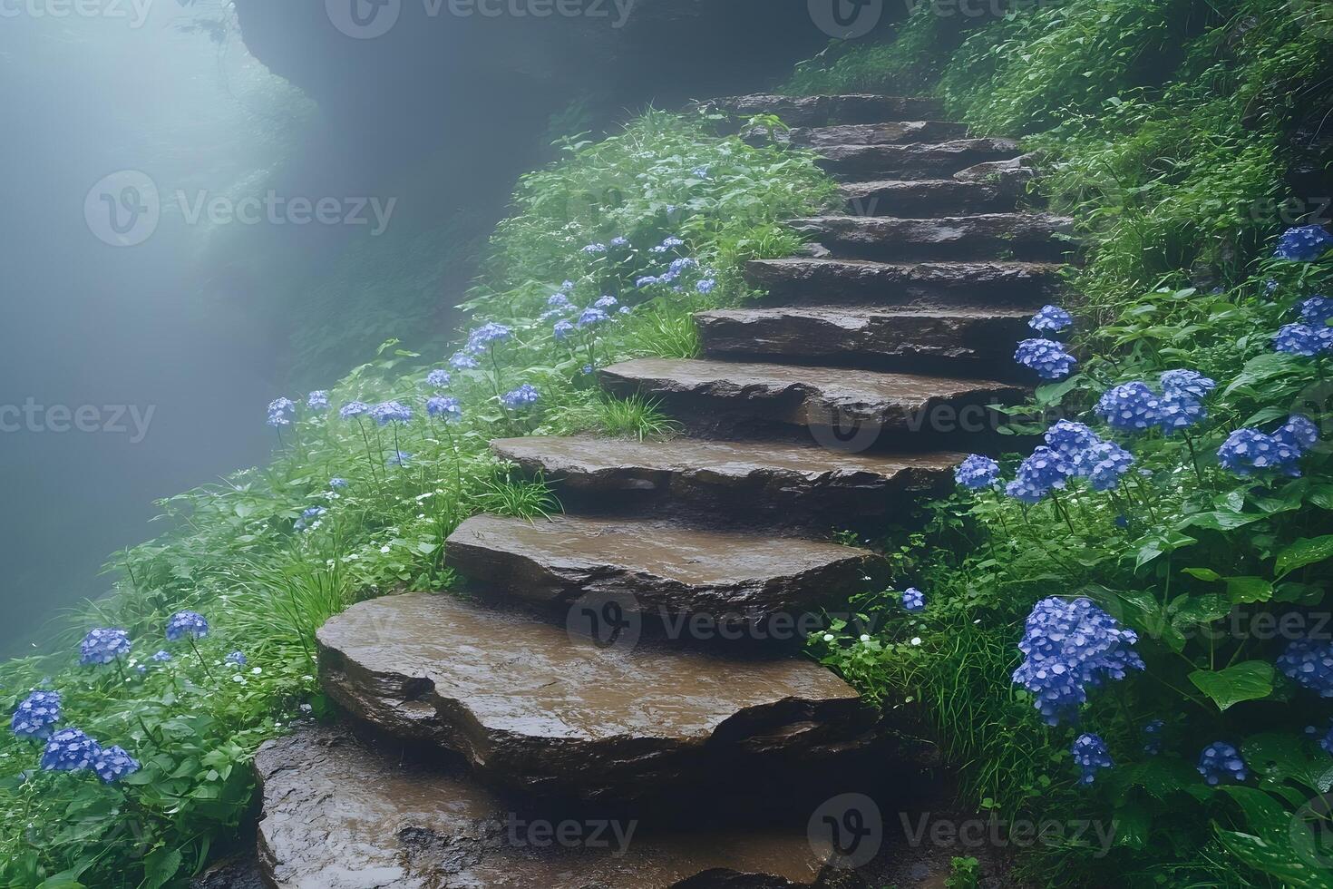 Misty Forest Path with Stone Steps and Blue Hydrangeas for Nature Tranquility Design photo