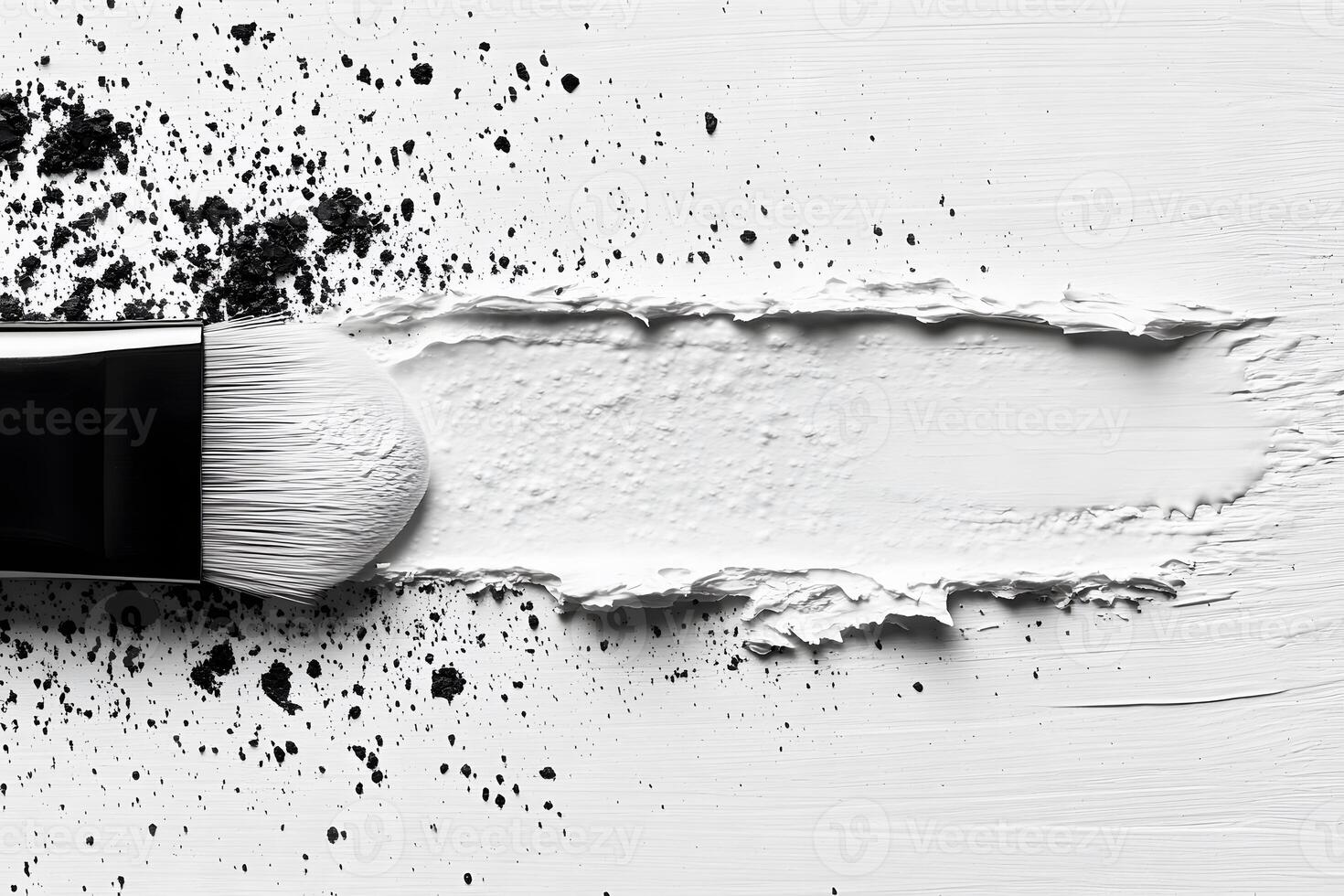 Artistic Brushstroke with Black Pigment and Textured White Paint on Canvas photo