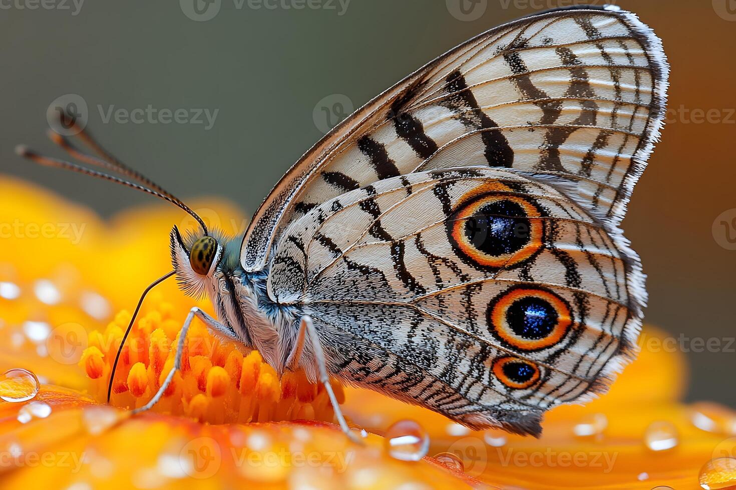 Close-Up of a Butterfly on Vibrant Orange Flower with Dew Drops - Nature Macro Photography photo