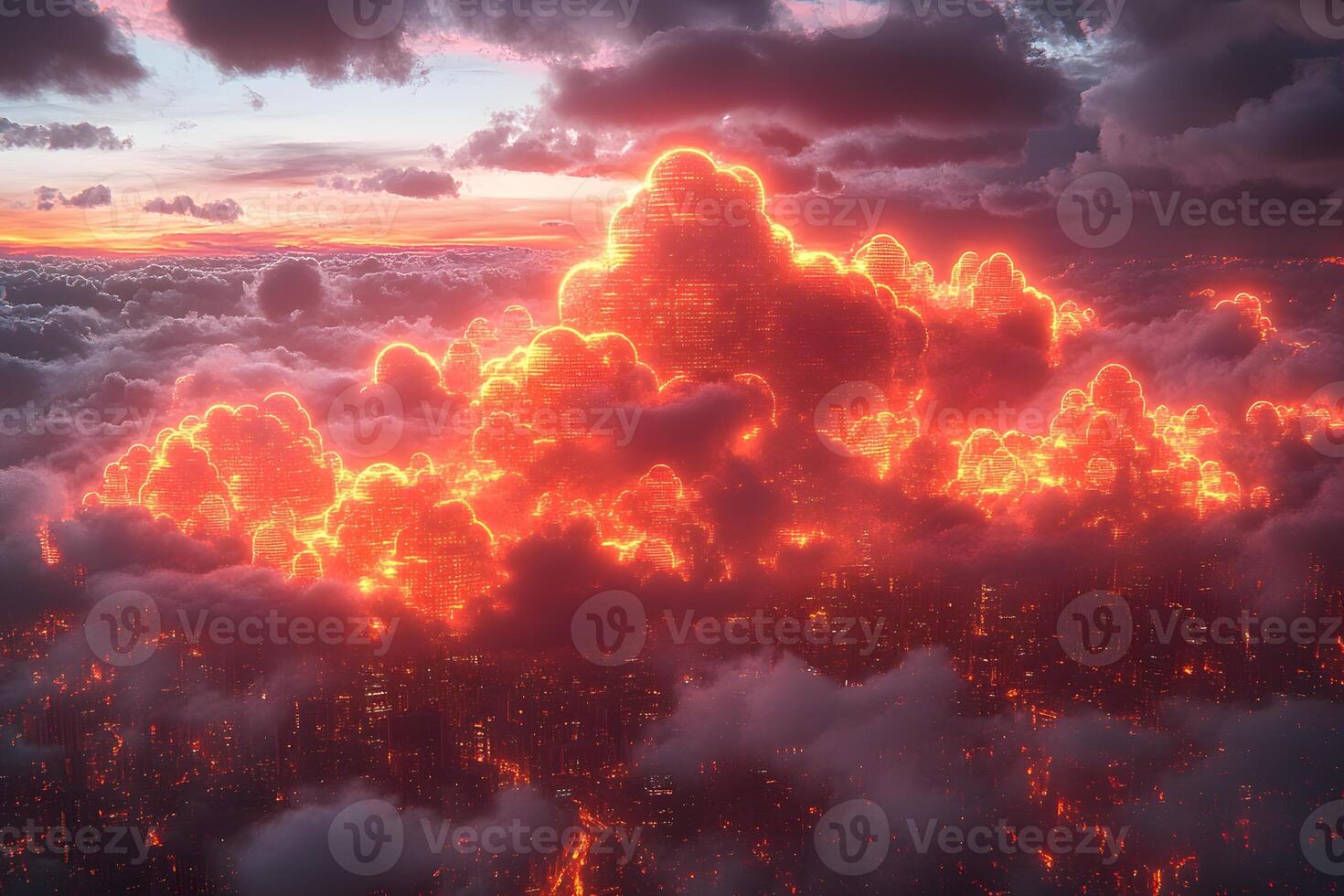 Glowing Abstract Clouds Over Cityscape at Sunset for Fantasy and Science Fiction Art photo