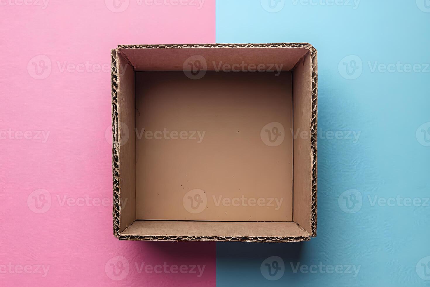 Empty Cardboard Box on Pink and Blue Background for Minimalist Design photo