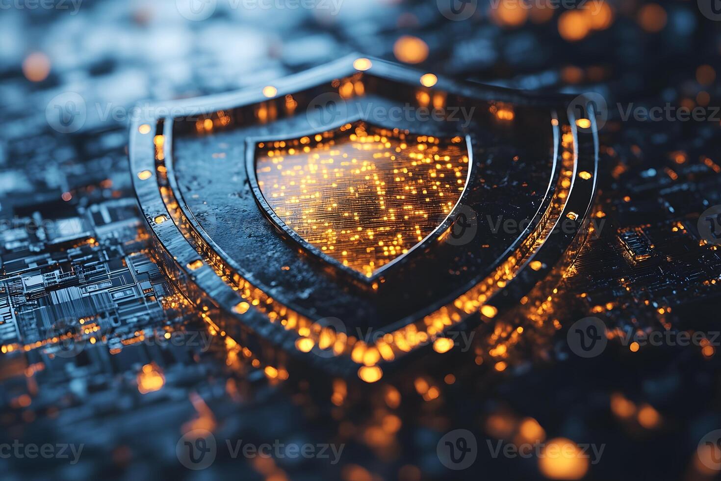 Cybersecurity Shield on Digital Circuit Board - Technology Protection Concept for Online Security Design photo