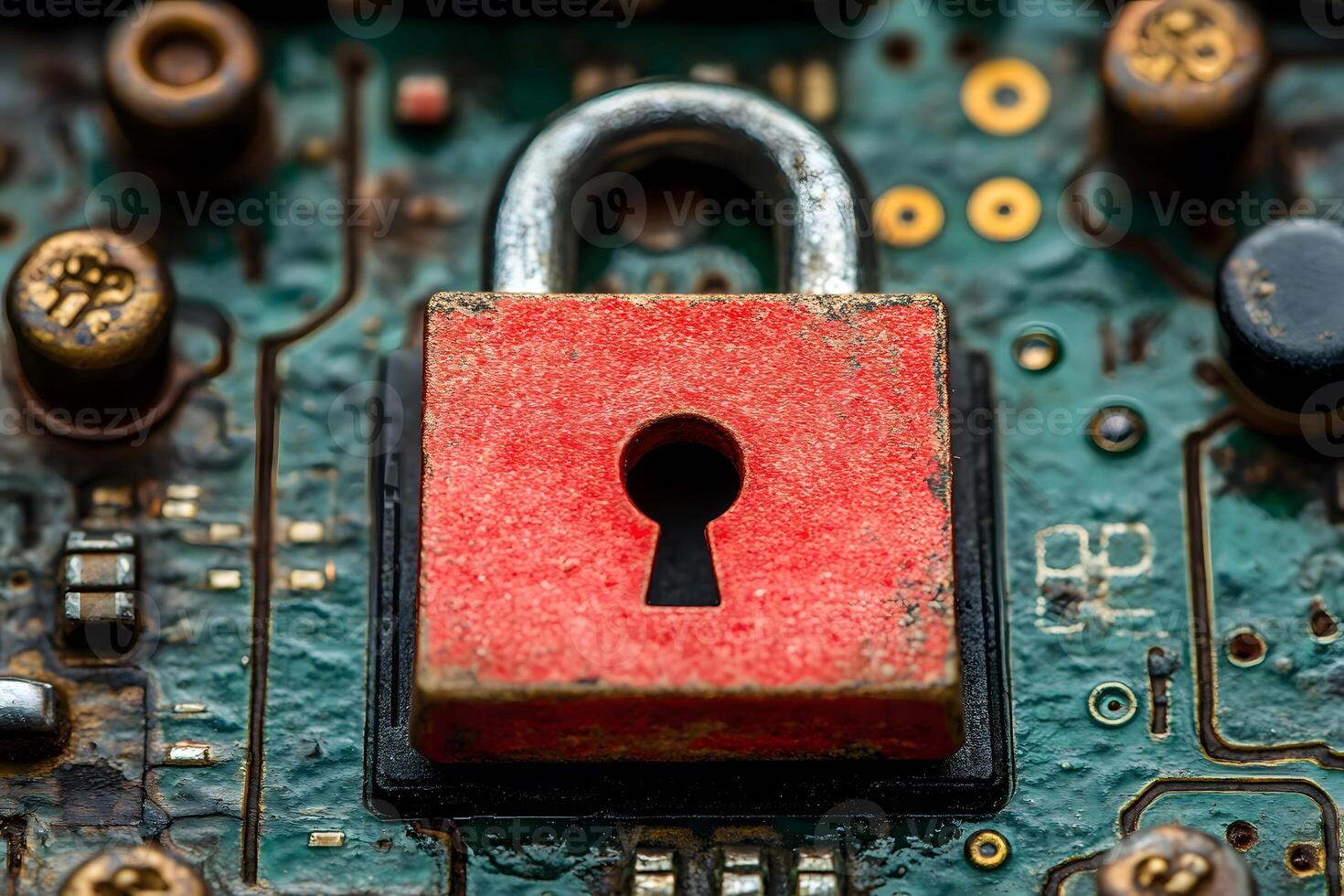 Cybersecurity Concept with Red Lock on Circuit Board for Technology Design photo