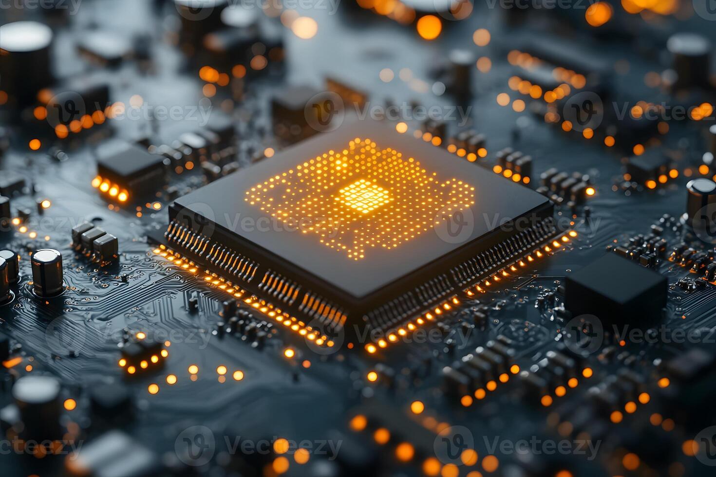 Futuristic Microchip with Glowing Circuitry for Technology Design photo