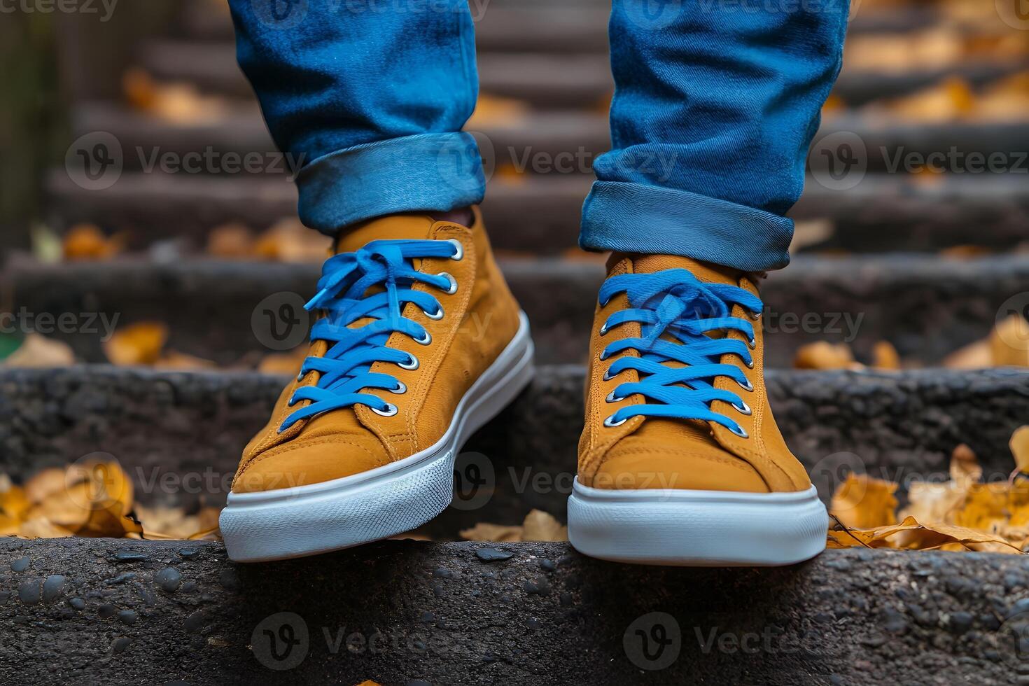 Stylish Autumn Footwear on Leaf-Covered Steps - Casual Fashion in Nature photo