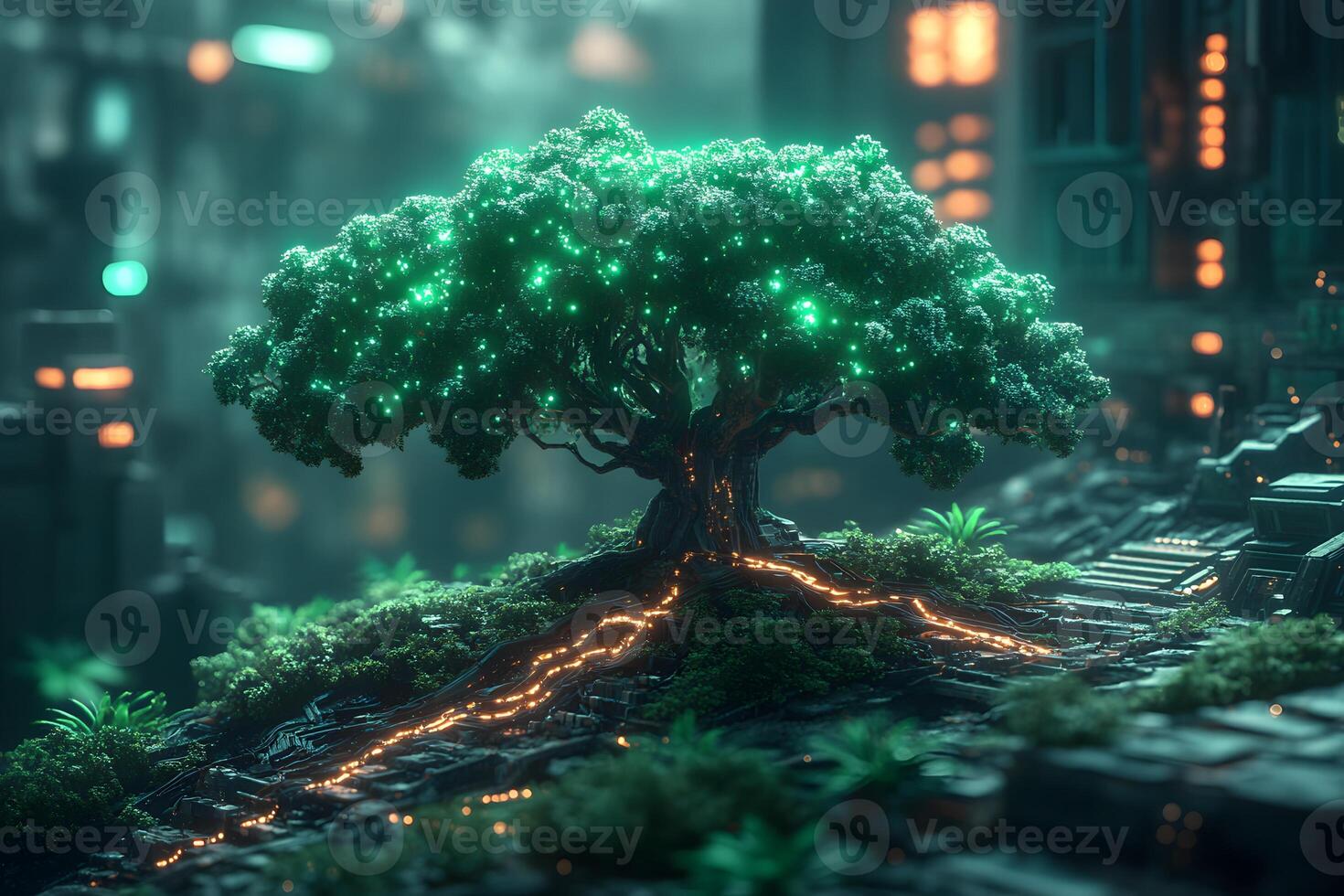 Futuristic Bioluminescent Tree in Urban Landscape - Conceptual Design for Green Tech Inspiration photo
