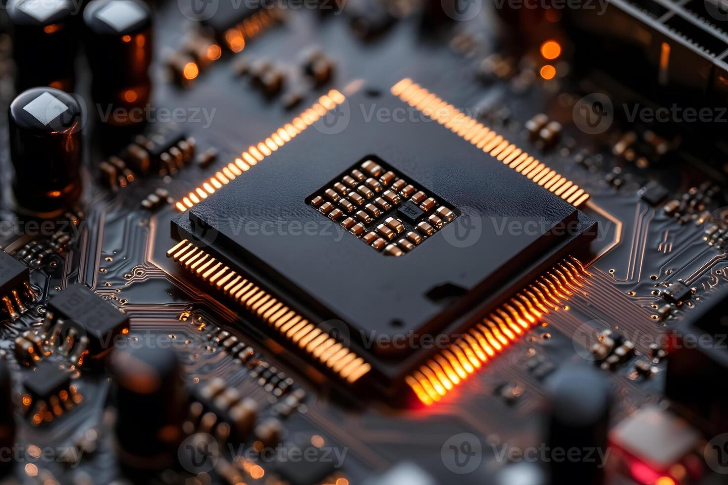 Macro View of Microchip on Circuit Board for Technology and Innovation Design photo