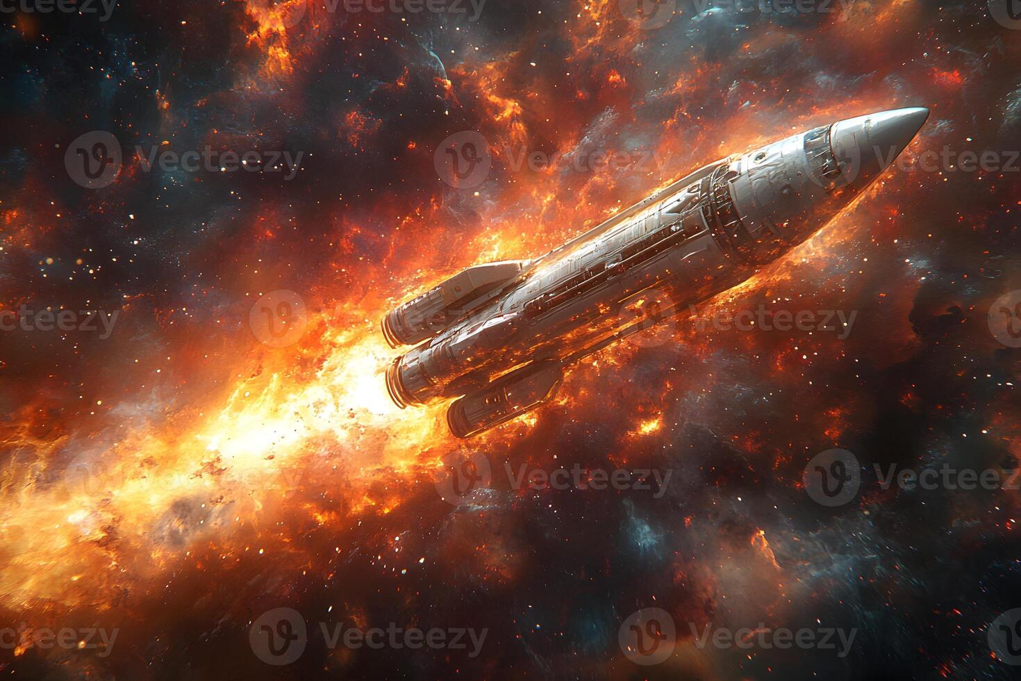 Futuristic Spacecraft Soaring Through a Fiery Cosmic Explosion photo