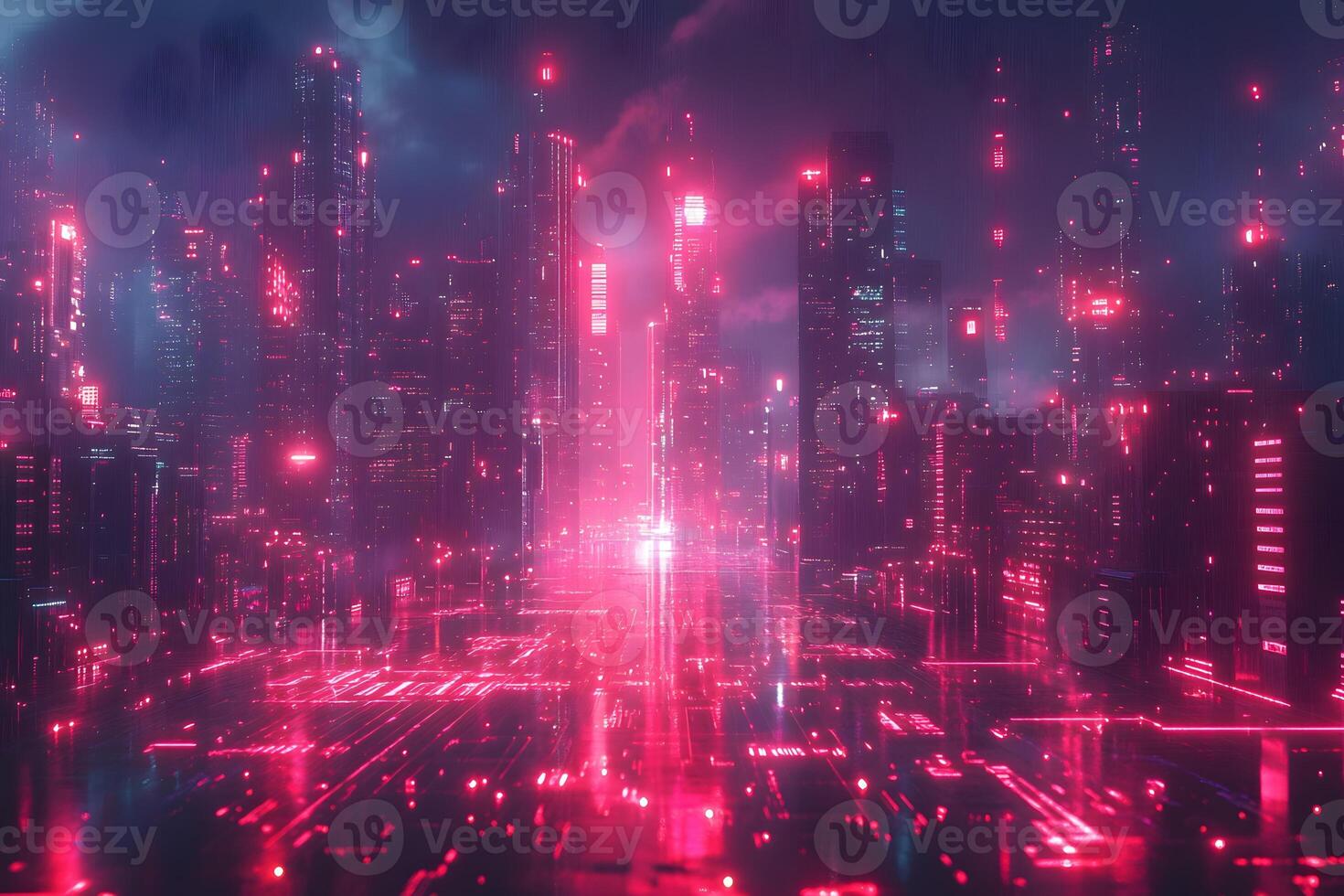 Futuristic Cyberpunk Cityscape at Night with Neon Glow for Digital Art and Design photo