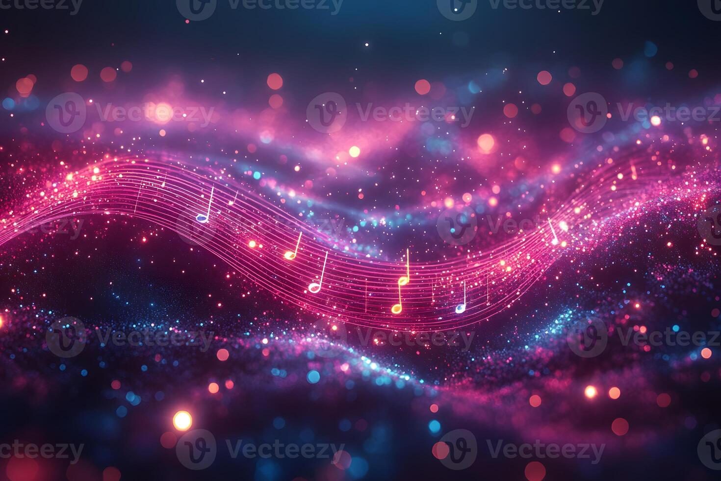 Vibrant Neon Music Notes on Glittering Abstract Background for Creative Design photo