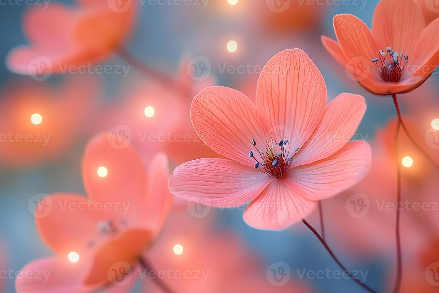 Serenity in Bloom Dreamy Pink Flowers with Soft Focus and Glowing Bokeh Effect for Elegant Decor photo