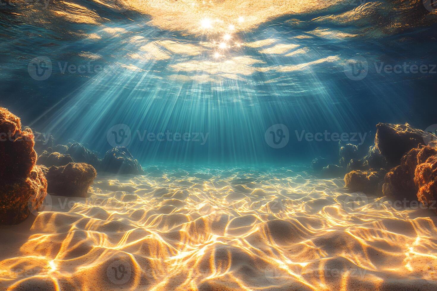 Sunlit Ocean Floor with Golden Light Rays - Nature and Underwater Serenity photo