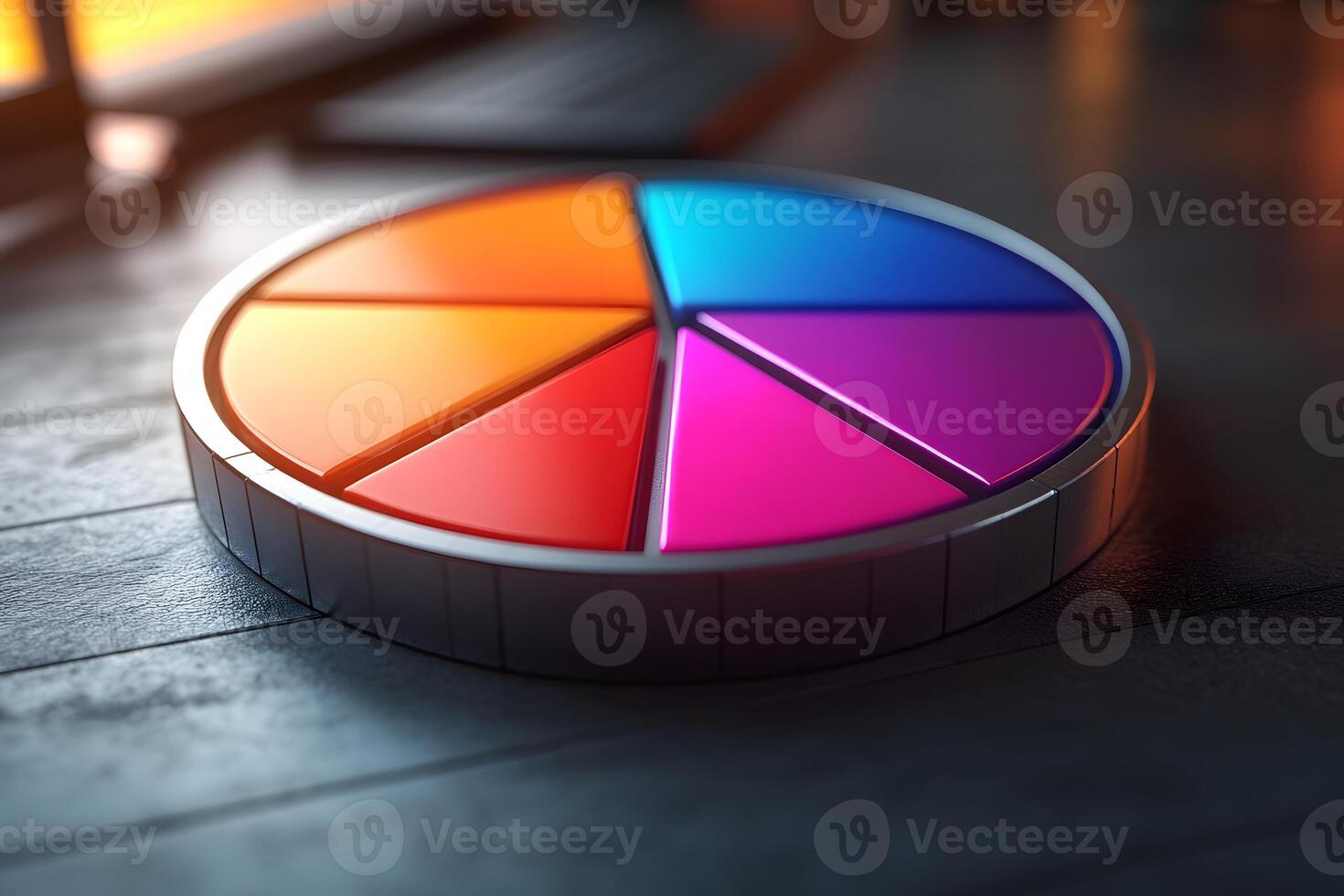 Colorful 3D Pie Chart on Wooden Surface for Data Visualization and Analytics photo
