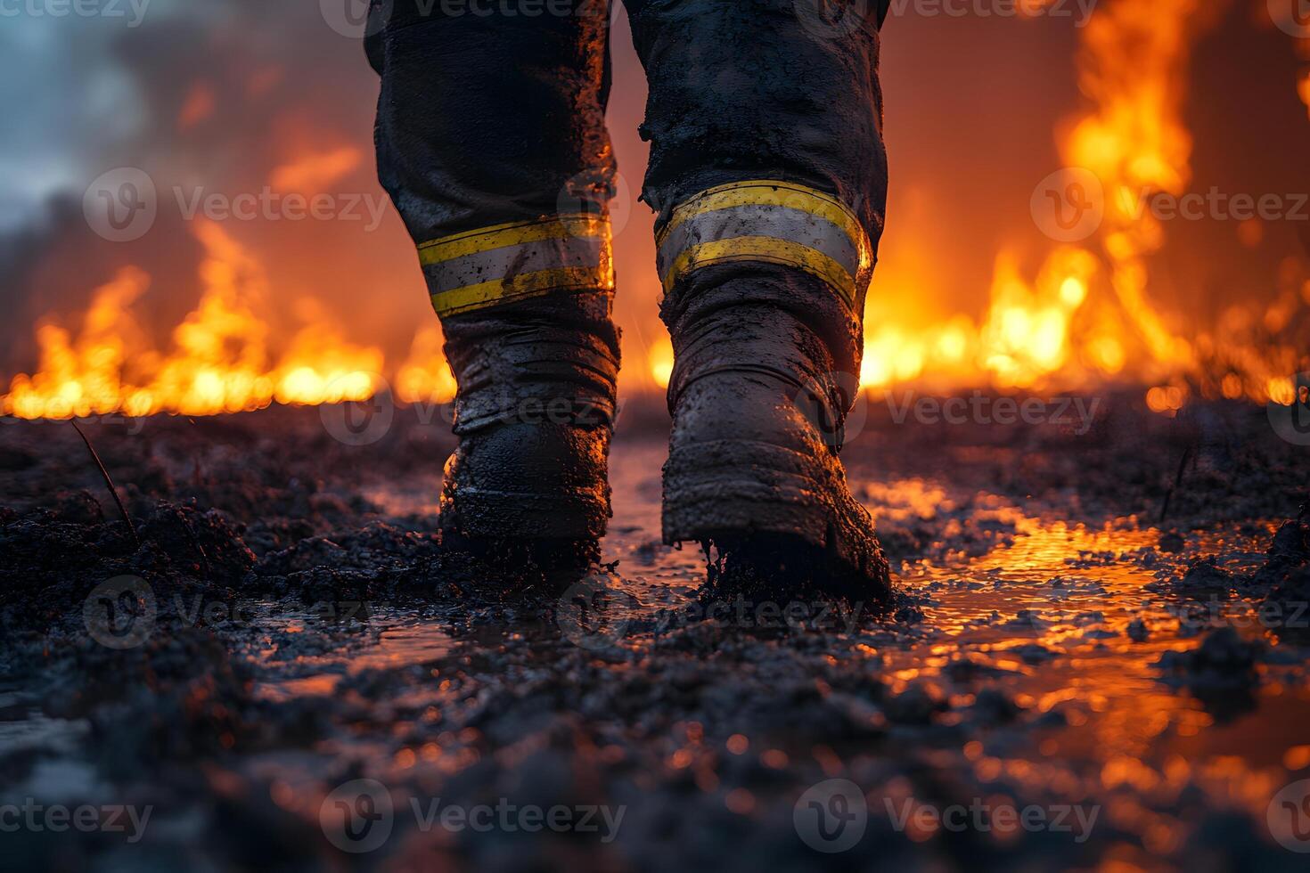 Firefighter Braving Dangerous Blaze Scene at Dusk for Safety and Rescue Mission photo