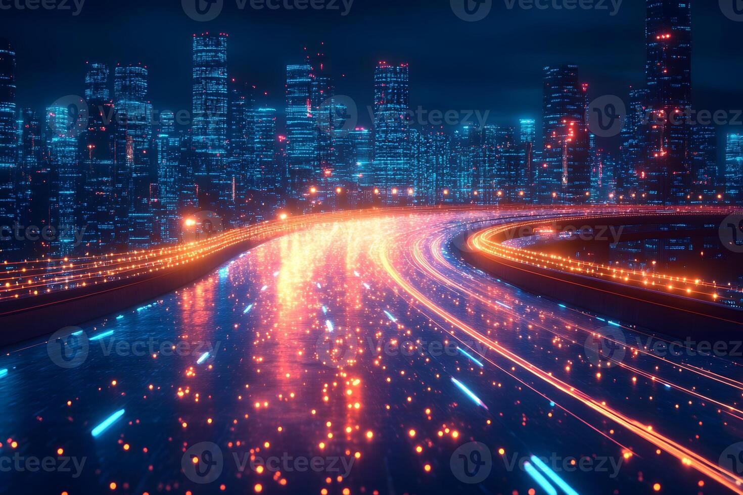 Futuristic Night Cityscape with Glowing Highway Lights for Urban Design and Technology photo