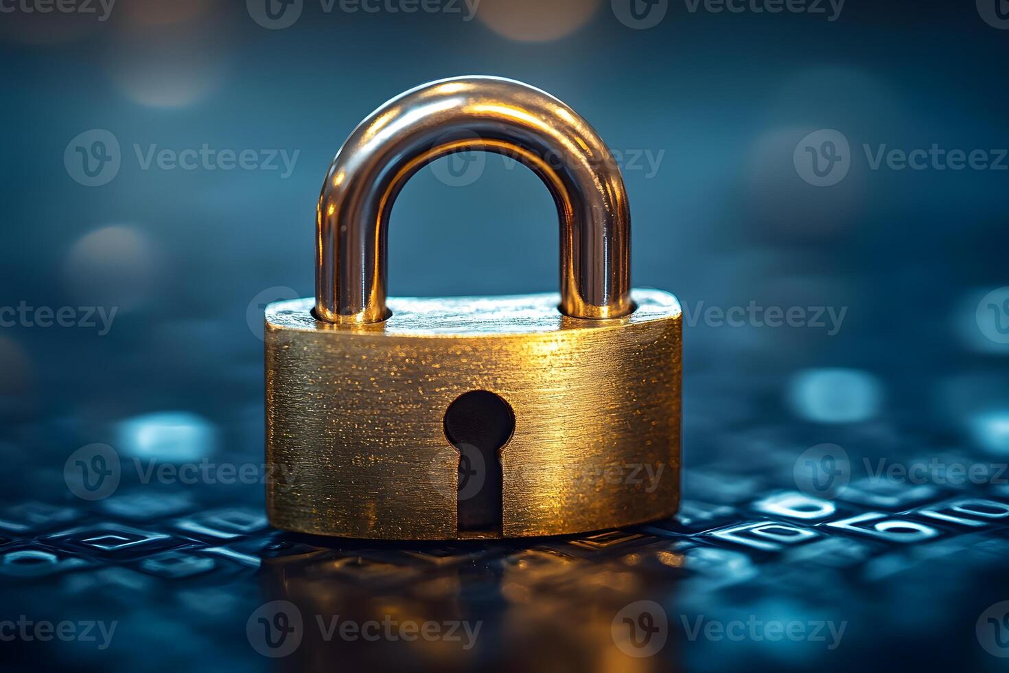 Cybersecurity Concept with Golden Padlock on Digital Surface for Secure Online Solutions photo