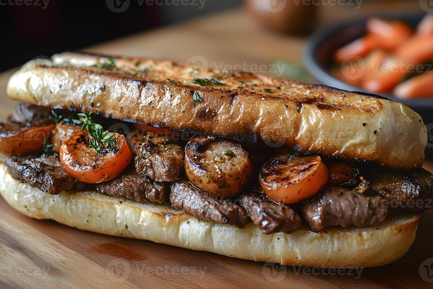 Grilled Steak Sandwich with Cherry Tomatoes on a Rustic Wooden Table photo