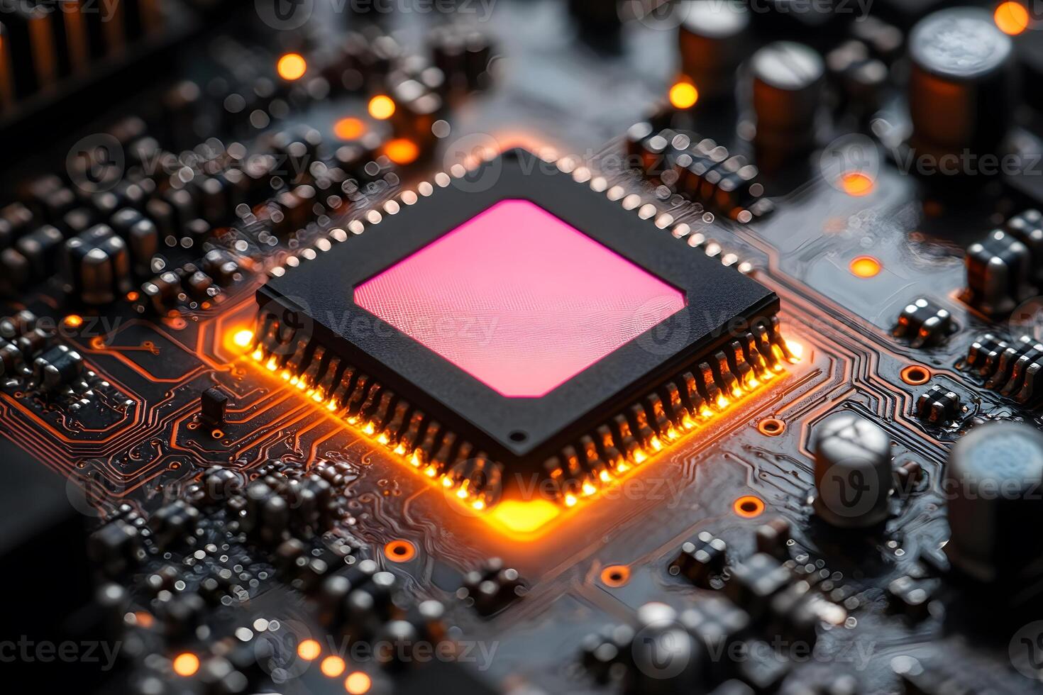 High-Tech Circuit Board with Glowing Microchip - Electronics and Innovation Concept photo