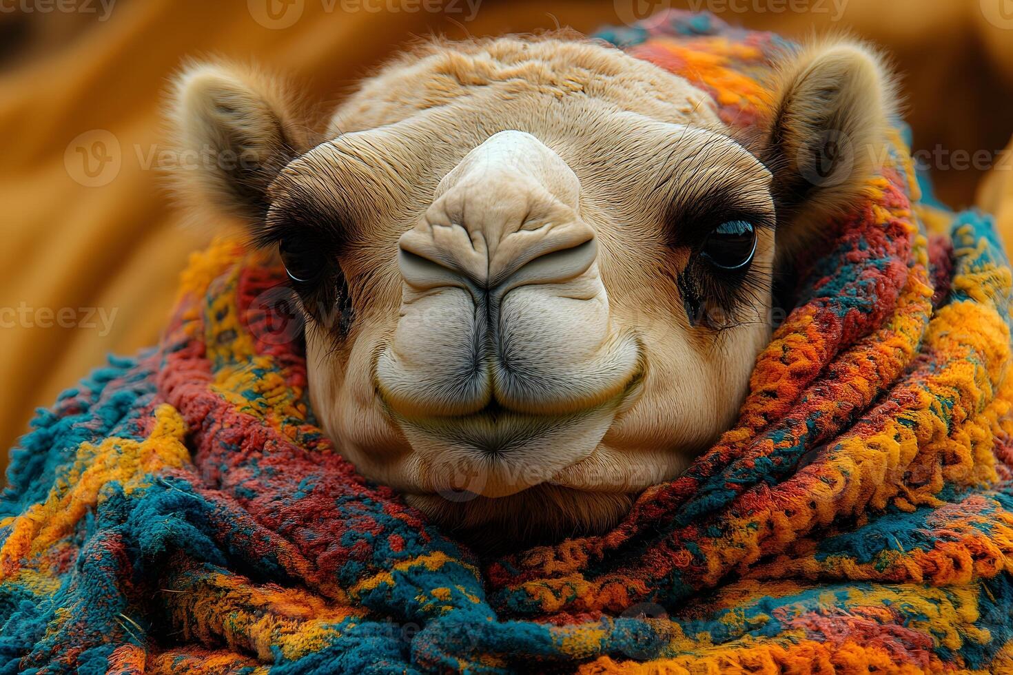 Colorful Portrait of a Camel Wrapped in Vibrant Fabric for Exotic Travel Theme photo