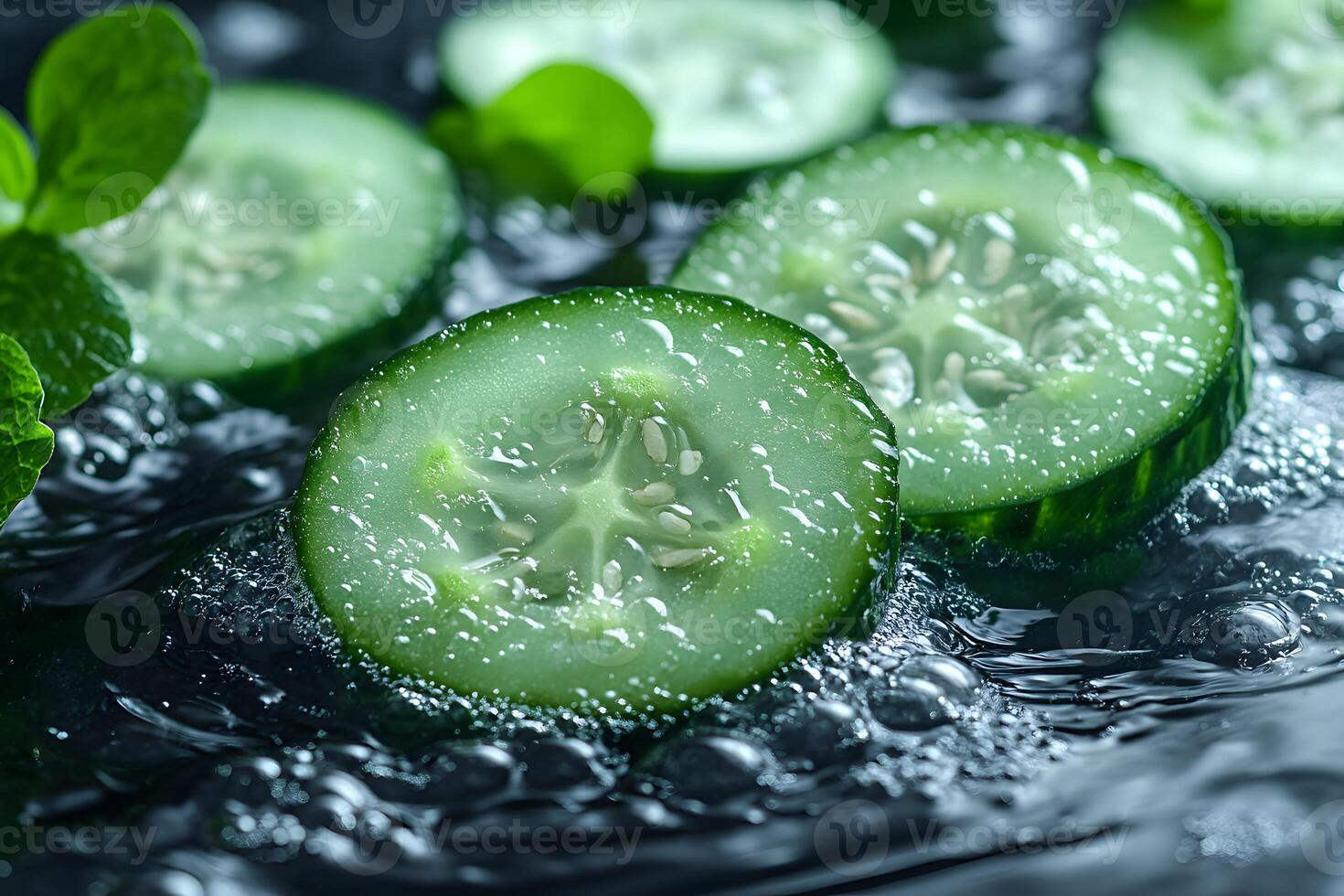 Fresh Cucumber Slices in Refreshing Water Ripples for Natural Skincare and Healthy Living Concepts photo