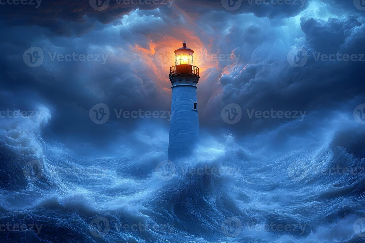 Majestic Lighthouse Amidst Stormy Ocean Waves Illuminated by Dramatic Sunset photo