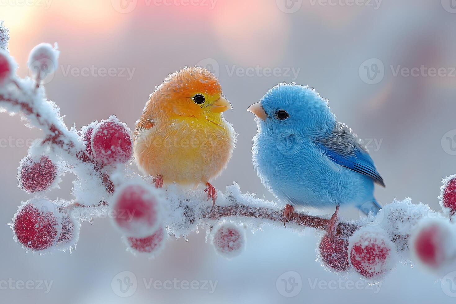 Colorful Winter Birds on Frosty Branch with Red Berries - Nature Photography photo