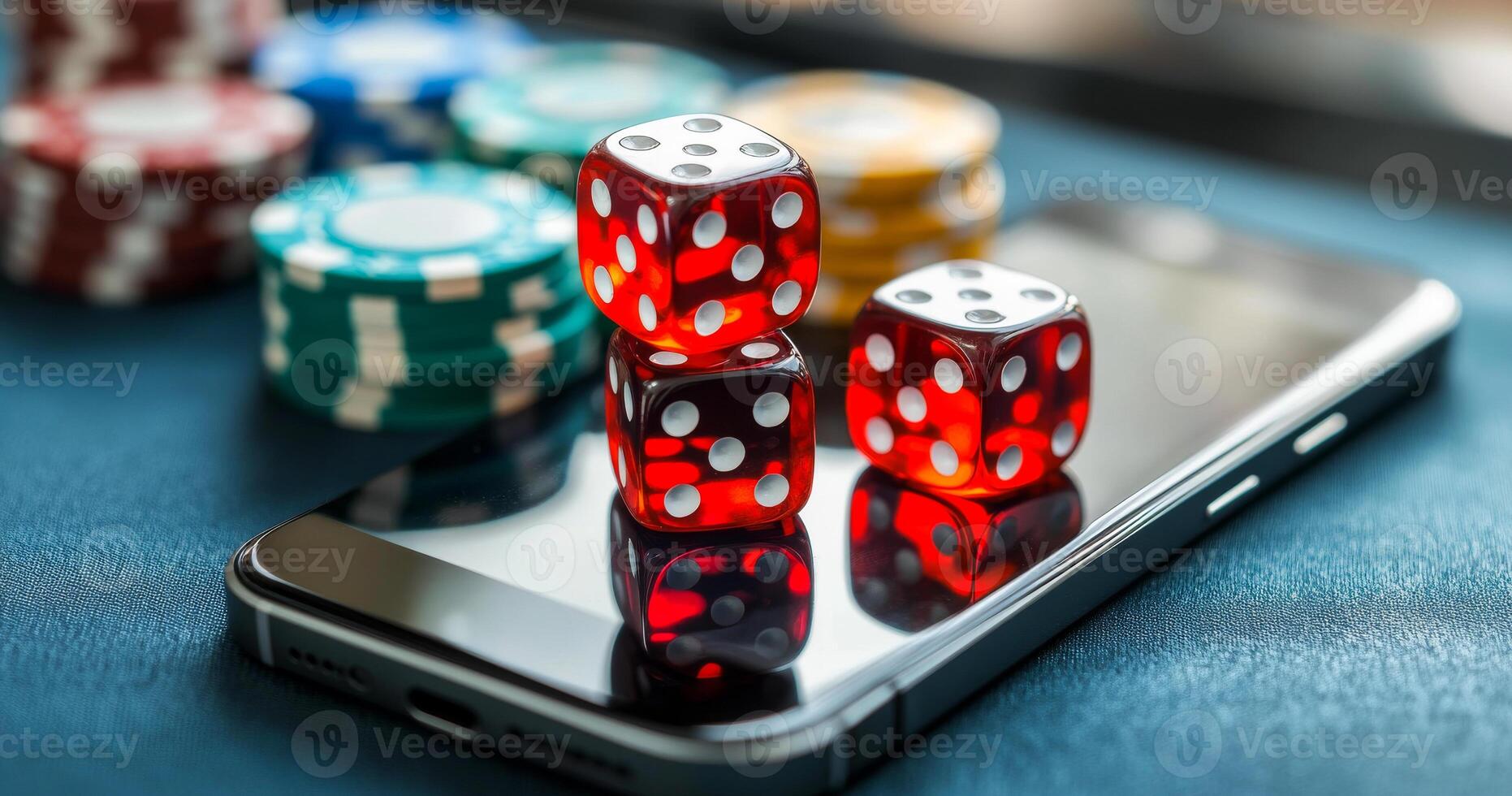 A cell phone is showing a game of dice with three red dice on it. Concept of excitement and anticipation as the player waits for the outcome of the roll photo