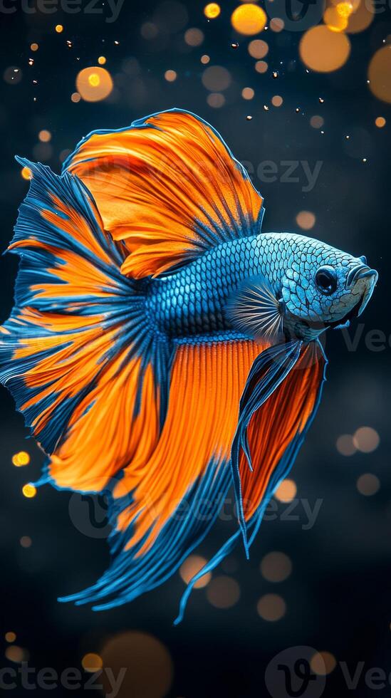 A beautiful blue and orange fish with a long tail. The fish is swimming in a dark blue background with a few bright orange spots photo