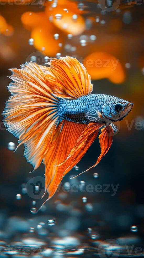 A fish with orange fins is swimming in a tank with water droplets. The fish is surrounded by bubbles, which give the image a playful and lively atmosphere photo