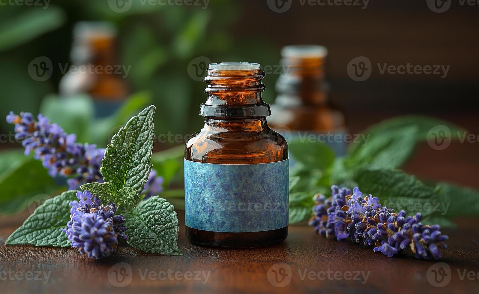 A bottle of lavender essential oil is on a table next to some purple flowers. The bottle is brown and has a blue label. The flowers are purple and green, and they are arranged around the bottle photo