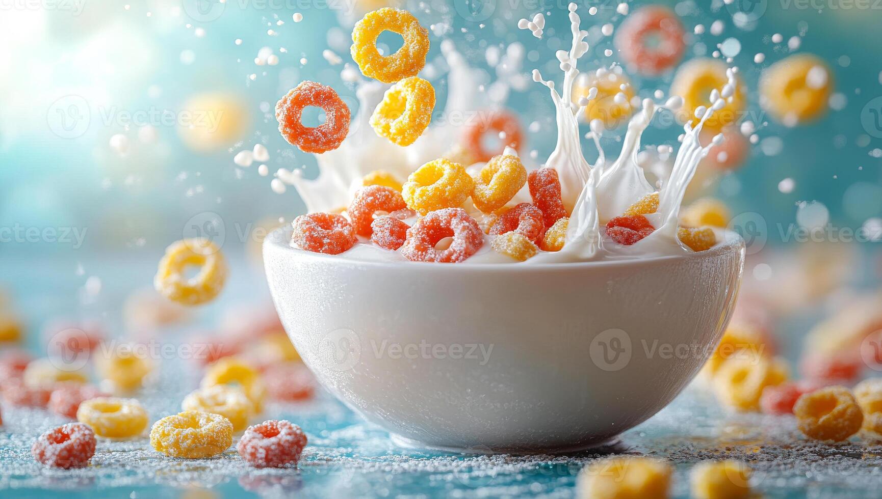 A bowl of cereal with milk and a splash of milk on the side. The bowl is white and the cereal is yellow and orange photo