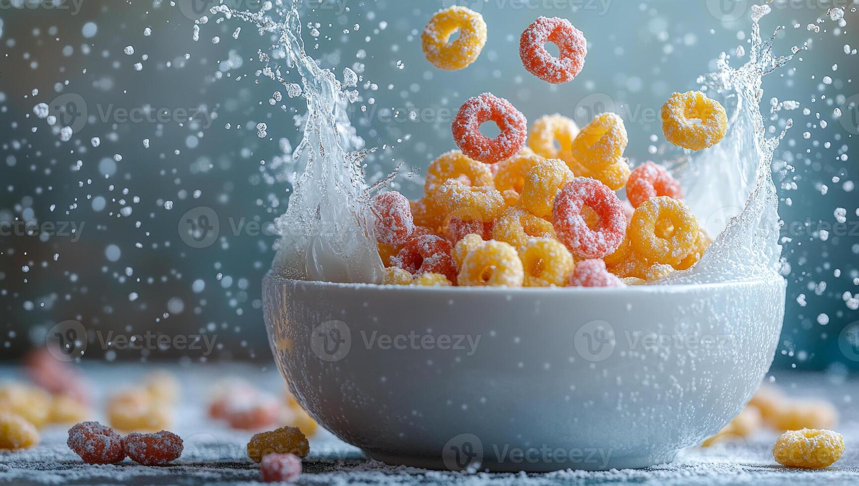 A bowl of cereal with a splash of milk and a few pieces of cereal floating in the air photo