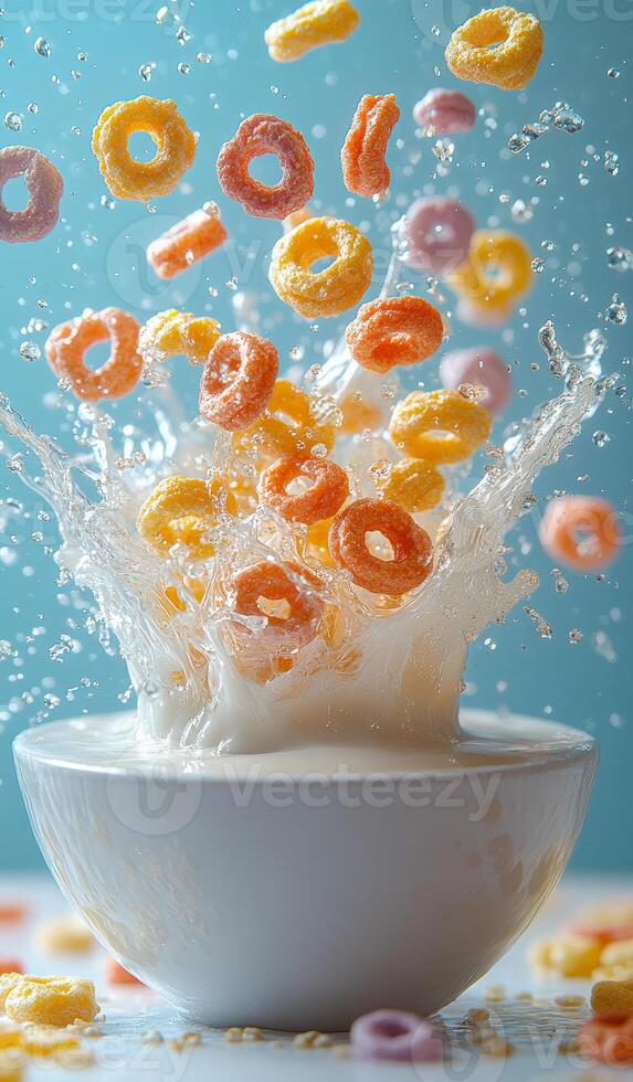 A bowl of cereal is falling into a bowl of milk, creating a colorful and messy scene. Concept of fun and playfulness, as well as the idea of enjoying a simple and delicious breakfast photo