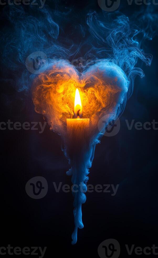 A candle is lit in the middle of a heart. The flame is orange and the smoke is blue. Concept of warmth and love photo