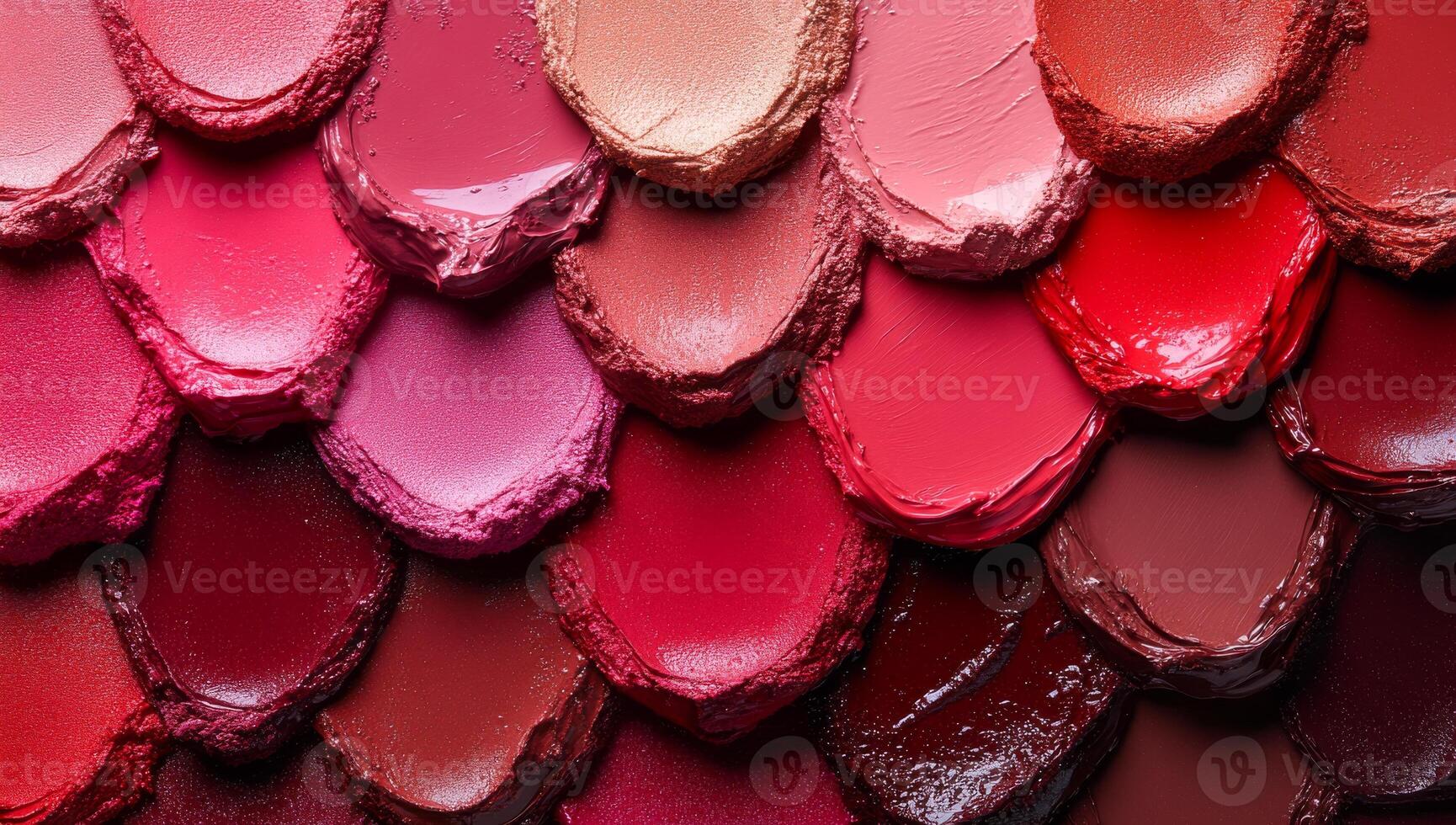 A close up of many different shades of red lipstick. Concept of variety and abundance, as there are numerous shades of red lipstick displayed in a row photo