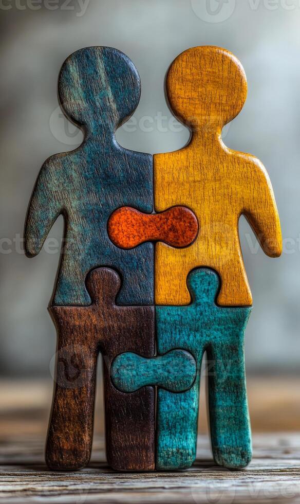 A wooden puzzle piece with a man and woman on it. The puzzle piece is a representation of a family, with the man and woman being the parents and the missing piece symbolizing the bond between them photo