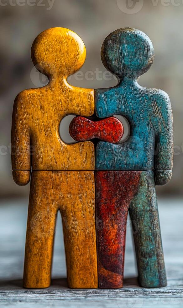 A wooden puzzle piece with two people on it. The puzzle piece is missing a piece, and the two people are holding each other's hands. Concept of unity and togetherness photo