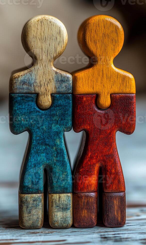 Two wooden figures are standing next to each other, one blue and one red. The blue figure is holding the red figure's arm. Concept of unity and togetherness photo