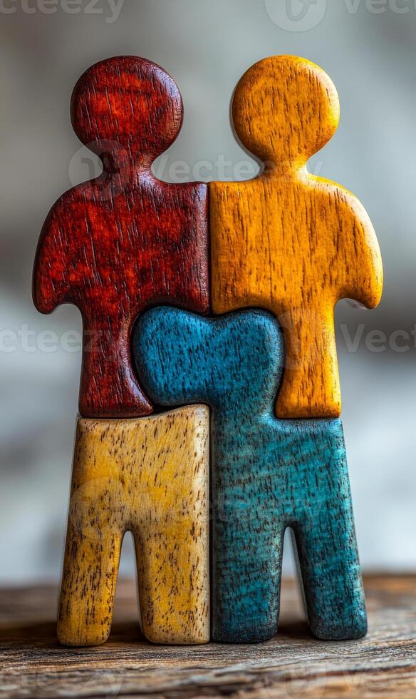 A wooden puzzle piece with a man and a woman holding hands. The puzzle piece is made up of four pieces, each with a different color photo
