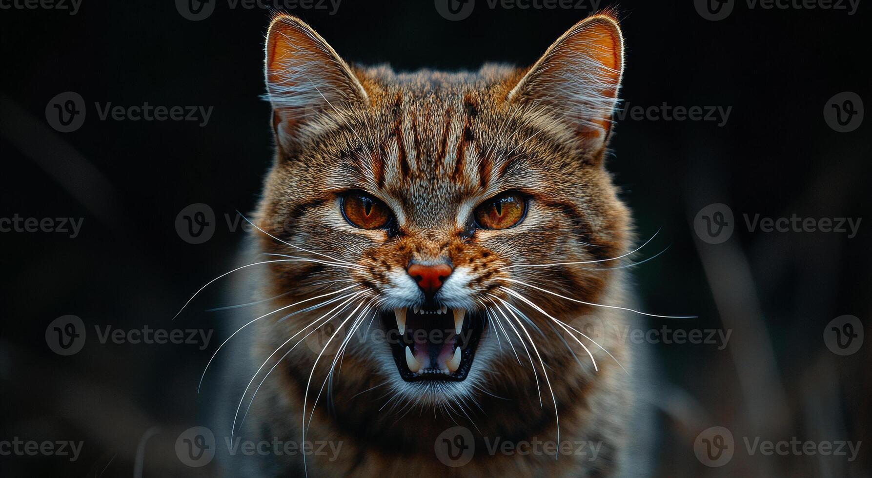 A cat with its mouth open and teeth bared, looking angry. The cat's fur is brown and black, and it has a striped pattern. Concept of danger and aggression photo