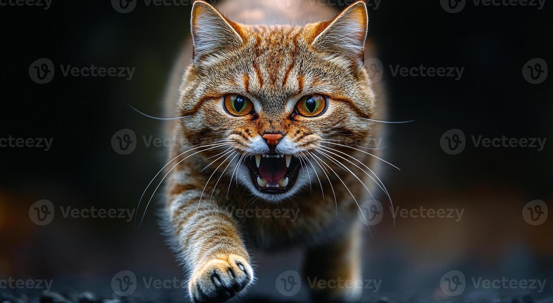 A cat is running with its mouth open, showing its teeth. The cat appears to be angry or aggressive photo